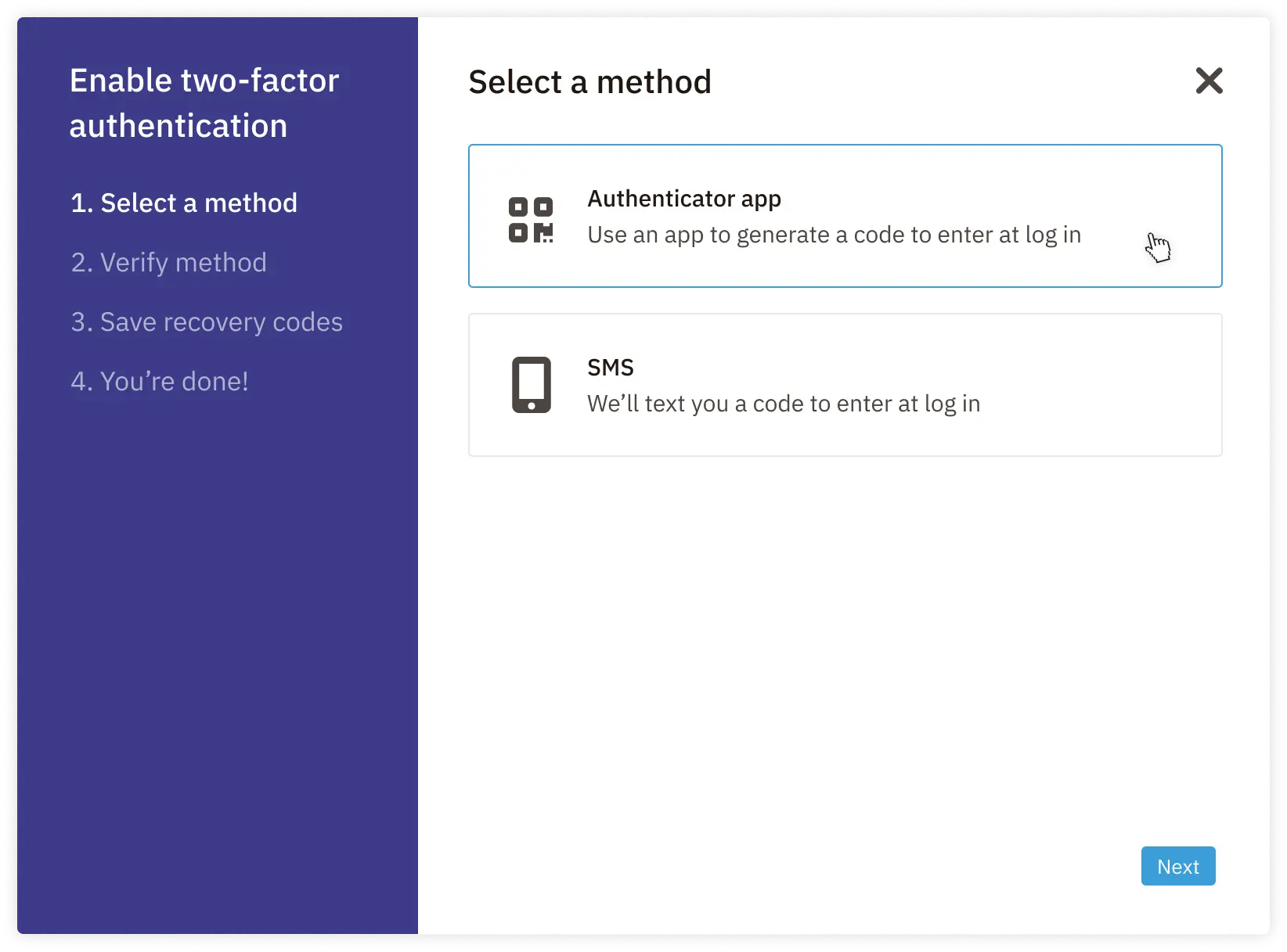 Selecting 'Authenticator app' as your 2FA method