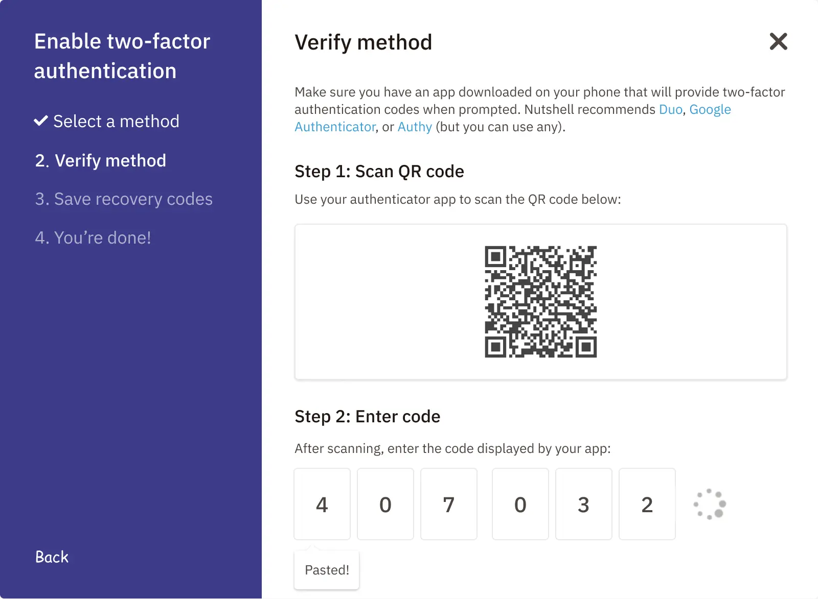 Loading state after entering a code from an authenticator app