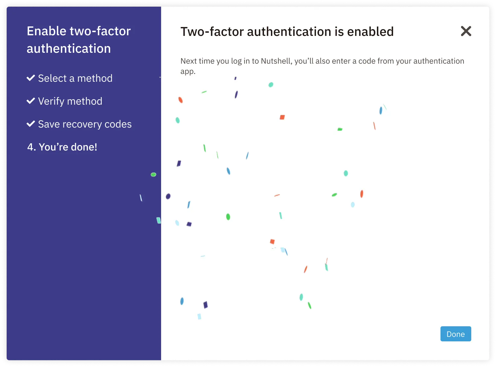 Confetti blast on the final screen showing you've successfully enabled 2FA