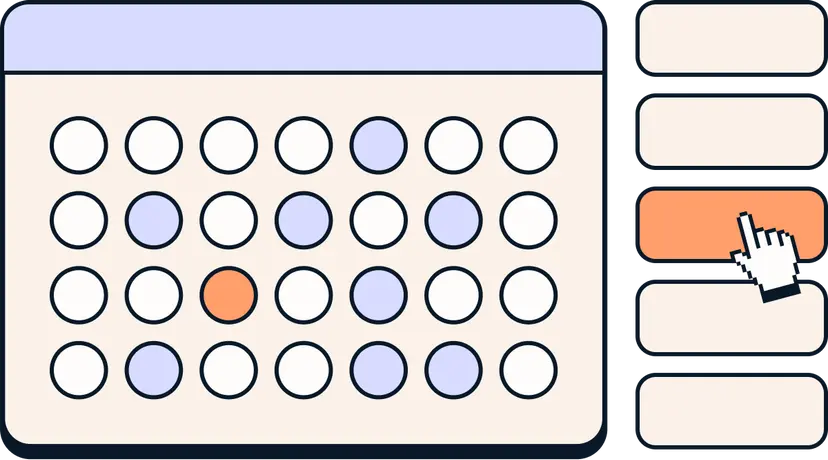 An SVG illustration of a calendar with several dates highlighted in purple and one in orange, indicating a selection. To the right, a cursor points to an orange button among a stack of buttons, representing user interaction for selecting a time.