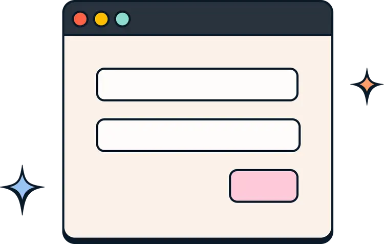 An SVG illustration of a web form interface with two input fields and a pink button, set within a browser window frame. The form is depicted with a simple and clean design, accented by decorative sparkles on the left and right sides.