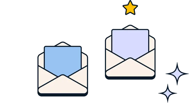 An SVG illustration of 2 envelopes with letters in them: the left has a blue letter, the right has a purple letter, a gold star, and sparkles, representing an A/B test where the right design is the winner.