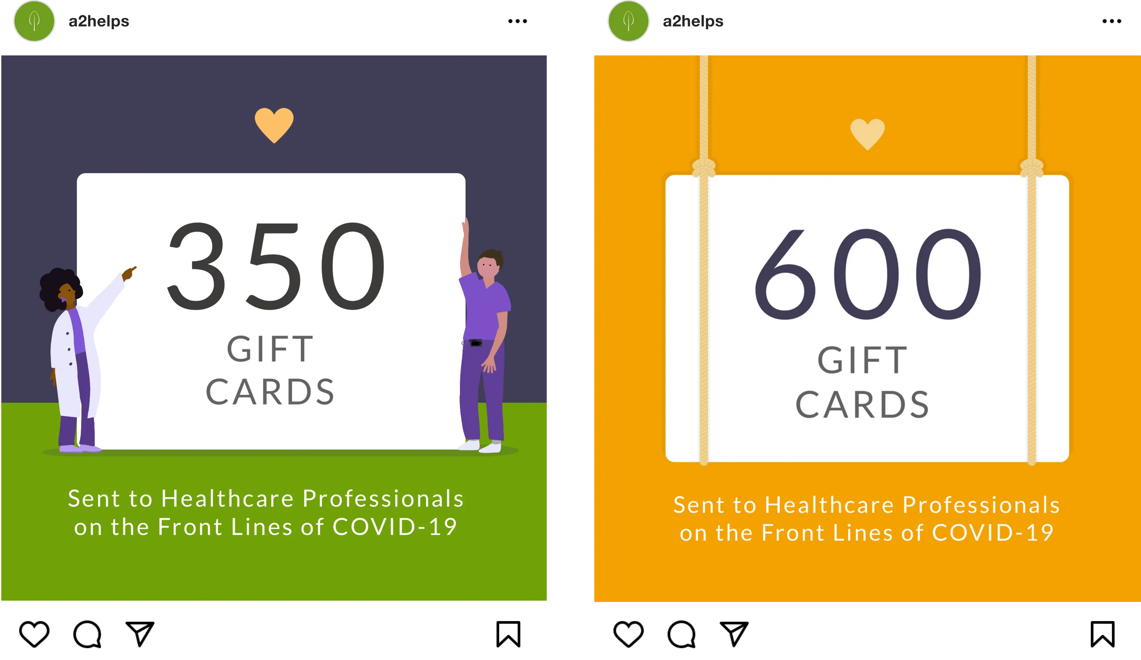 Graphics posted to Instagram announcing that we've handed out 350 and then 600 gift cards