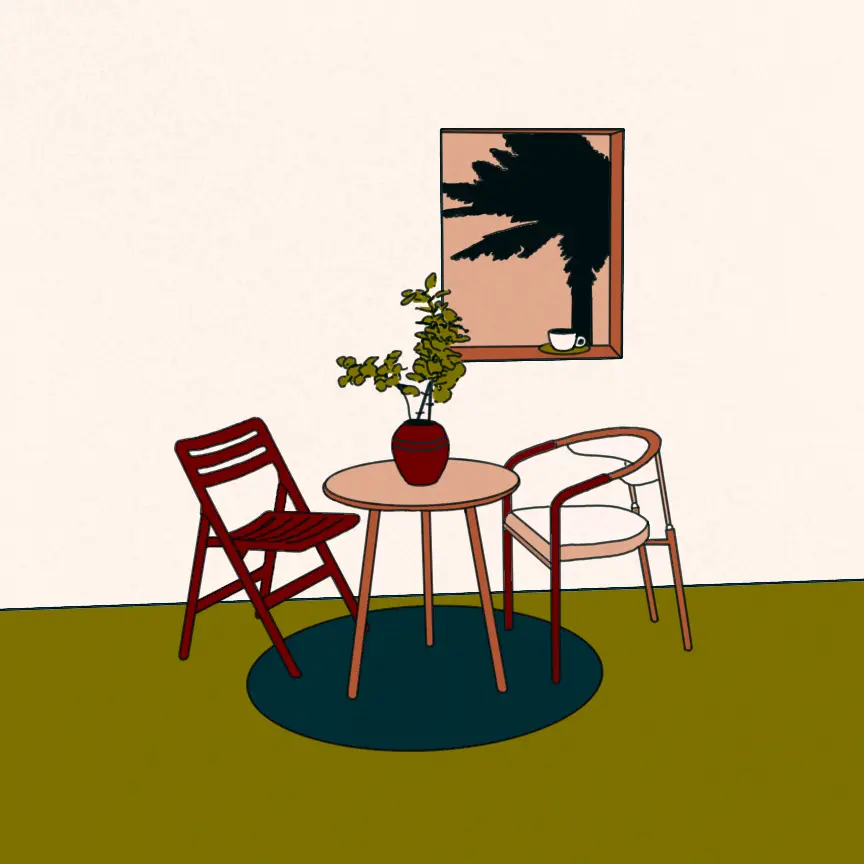 Illustration of a quaint cafe with a small round table, mismatched chairs, and a coffee cup on the windowsill overlooking a palm tree