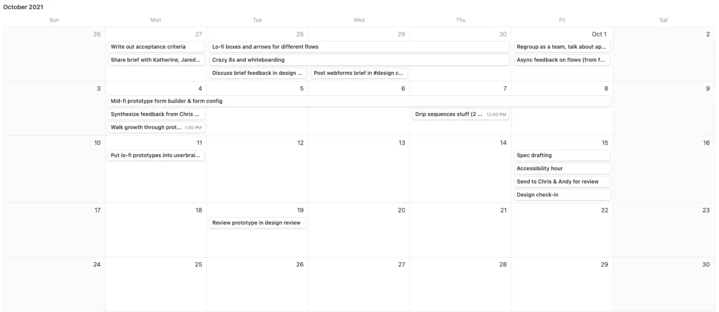 An October 2021 calendar showing the design tasks for developing Nutshell's web form builder.