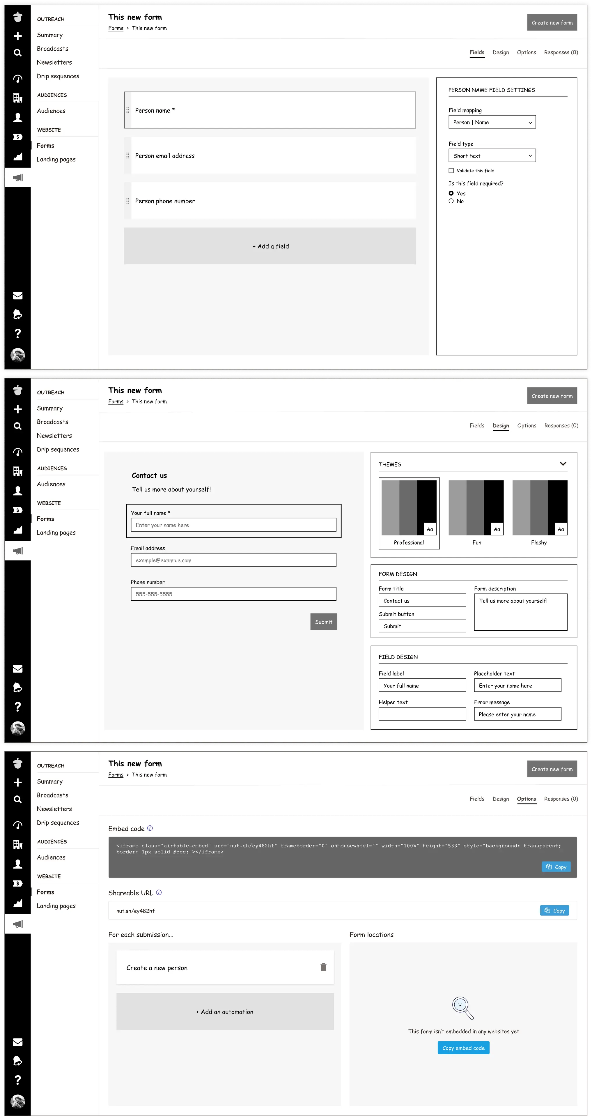 Low-fidelity screenshots of the 'Tabbed schema' design approach for Nutshell's form builder. The interface includes tabs for Fields, Design, and Options, allowing users to add and configure form fields, customize form appearance, and set embedding options and automations. 