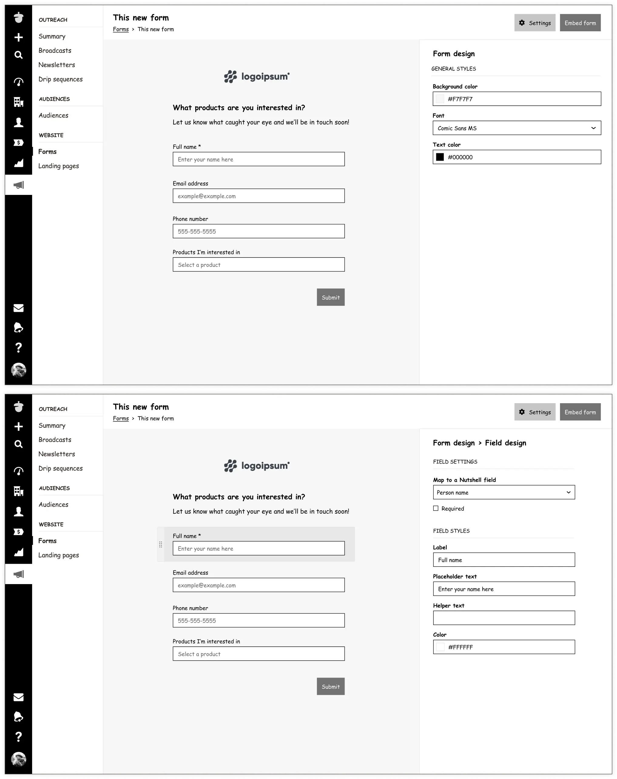 Low-fidelity screenshots of the 'Sidebar editing' design approach for Nutshell's form builder. The interface shows form customization directly within the form preview, with a sidebar for configuring general styles, background color, font, text color, and individual field settings like label, placeholder text, helper text, and required status.