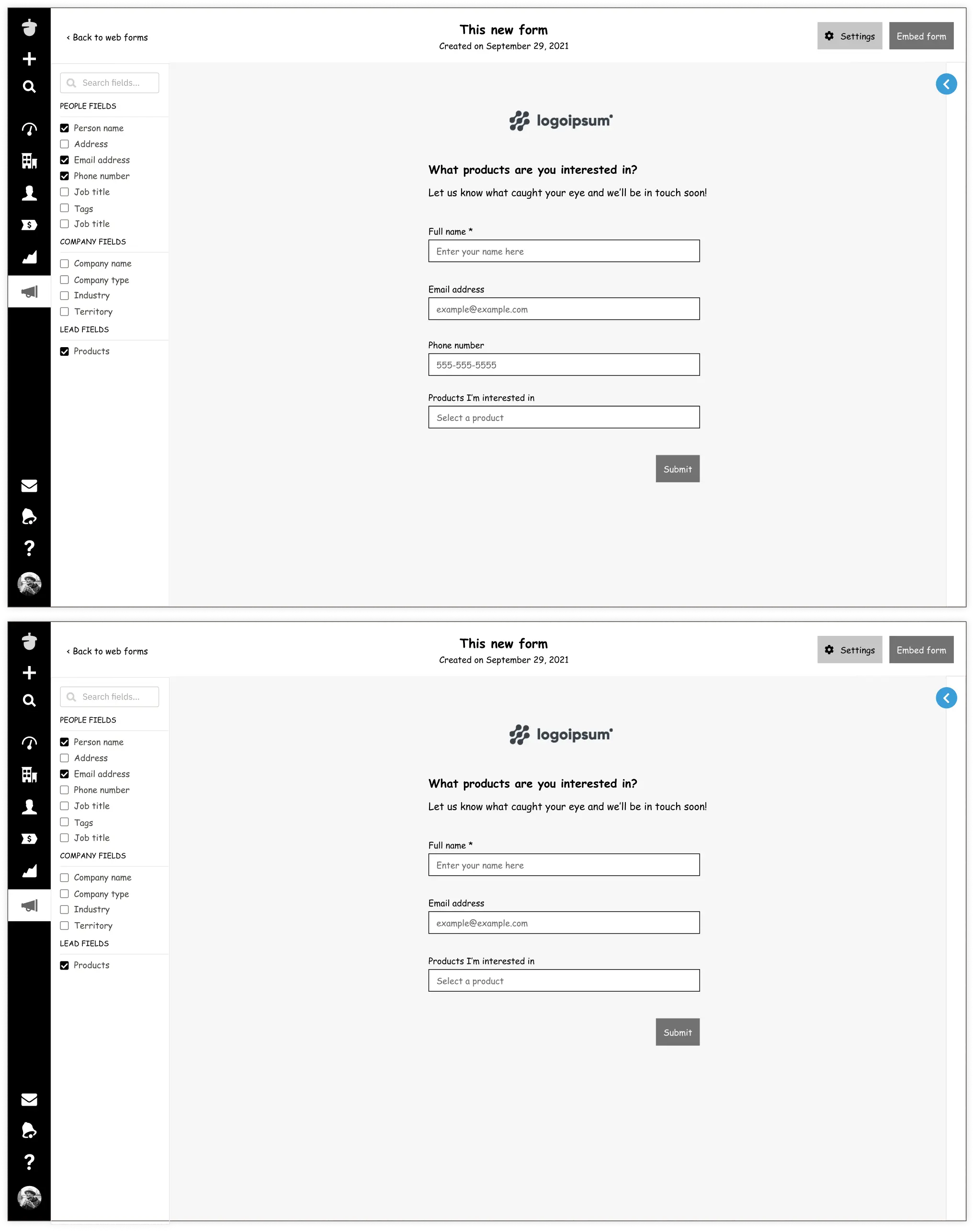 Low-fidelity screenshots of the 'Filter-style fields' design approach for Nutshell's form builder. The interface features a sidebar with filter options for adding different field types, such as name, email address, phone number, and product interest. Users can drag and drop fields into the form, which is displayed on the right.