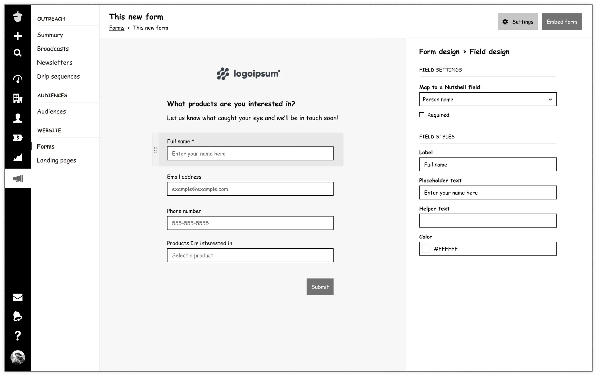 Low-fidelity screenshot of the 'Sidebar editing' approach for Nutshell's form builder, showing a form preview on the left and a sidebar for field settings on the right. Users can map fields to Nutshell, set fields as required, and customize labels, placeholder text, helper text, and colors. This approach integrates form editing directly within the preview. 