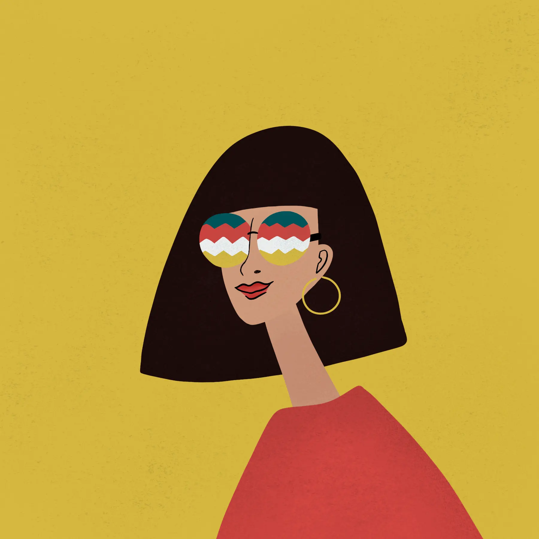 Animated gif of a woman with a dark brown bob, red shirt, hoop earrings, and colorful chevron sunglasses