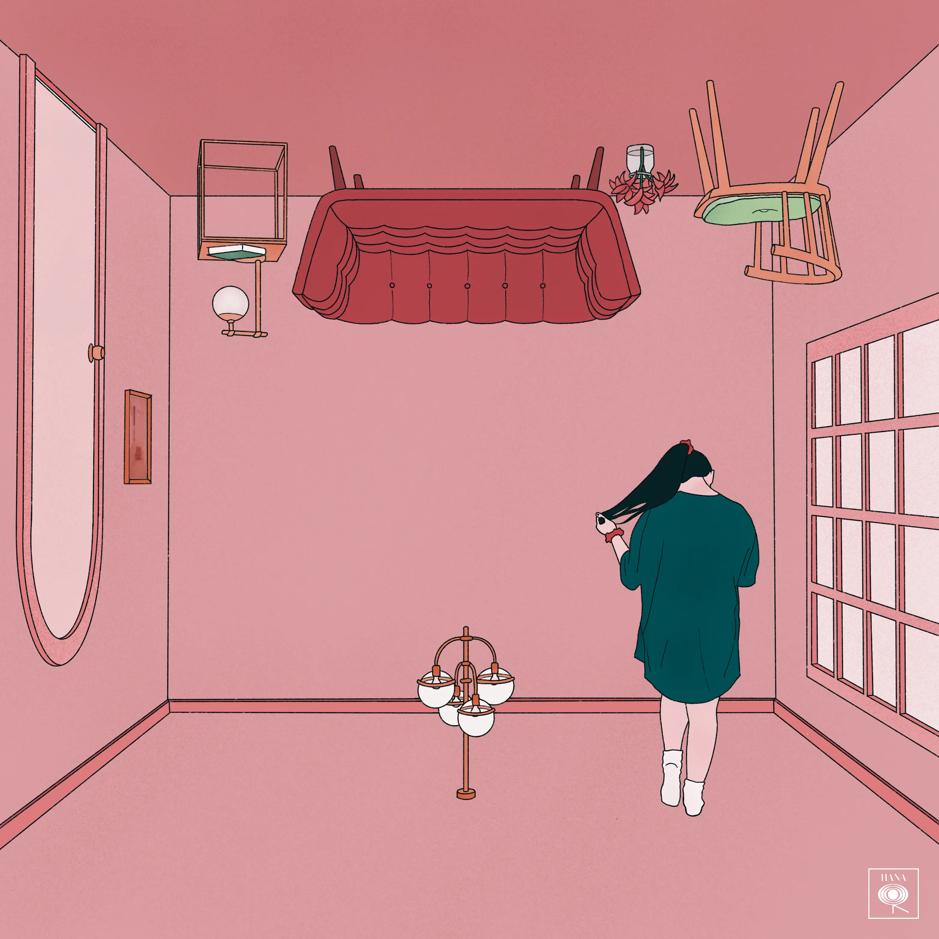 A pink version of the Harry's House album by Harry Styles with different furniture and a girl standing on the ceiling