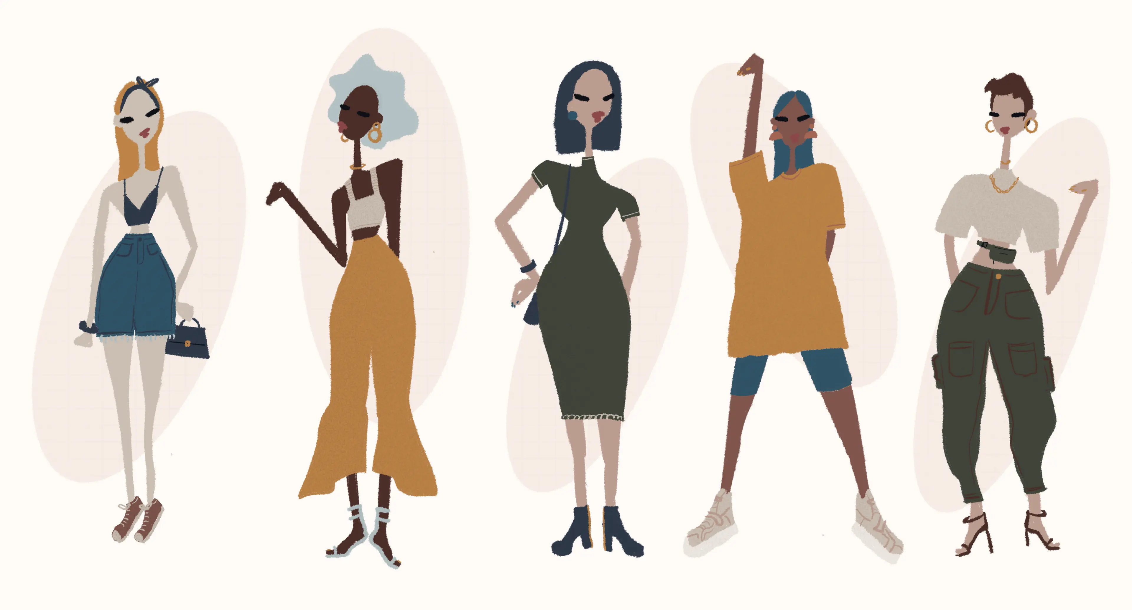 Five fashionable women in different poses and outfits