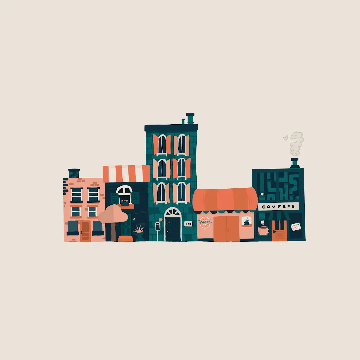 Stylized illustration of a whimsical town in pink and teal with five adjacent buildings