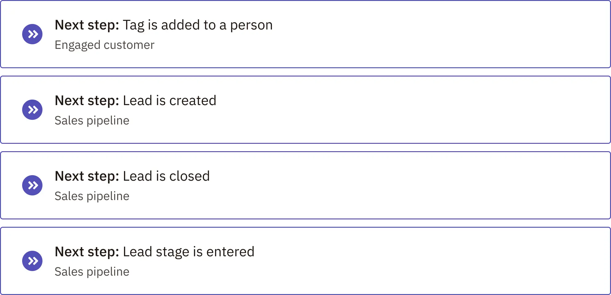 Four horizontal UI elements showcasing a few different 'Next step's you could configure for your drip sequence: Tag is added to a person, Lead is created, Lead is closed, and Lead stage is entered.