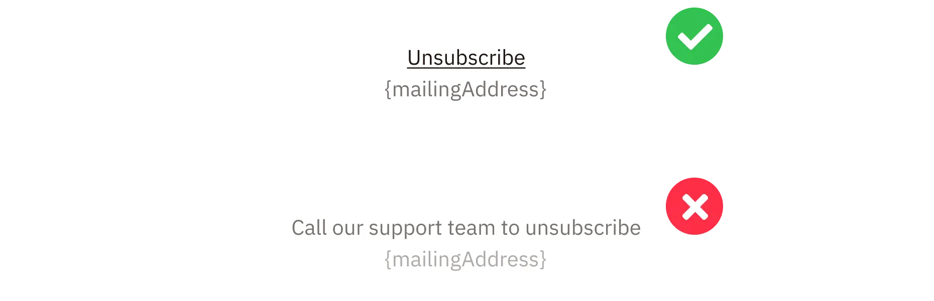 An SVG graphic illustrating the correct way to include an unsubscribe link and mailing address merge tag alongside an example of an incorrect way to do it that would violate the CAN-SPAM act.