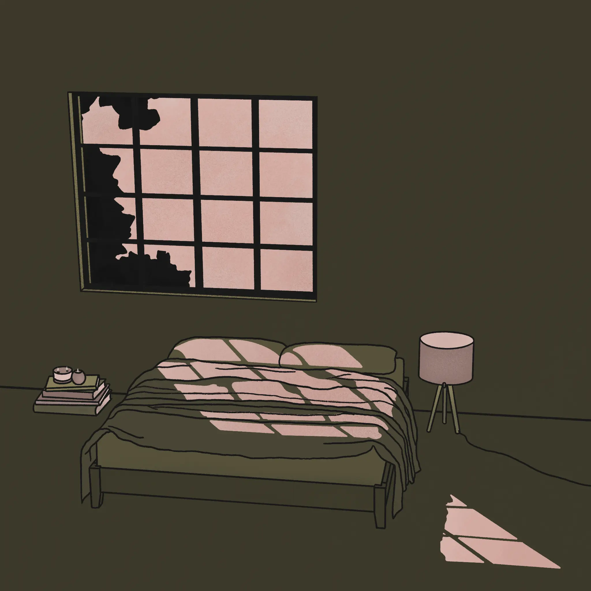 Stylized illustration of a forest green bedroom with soft pink light coming through the window