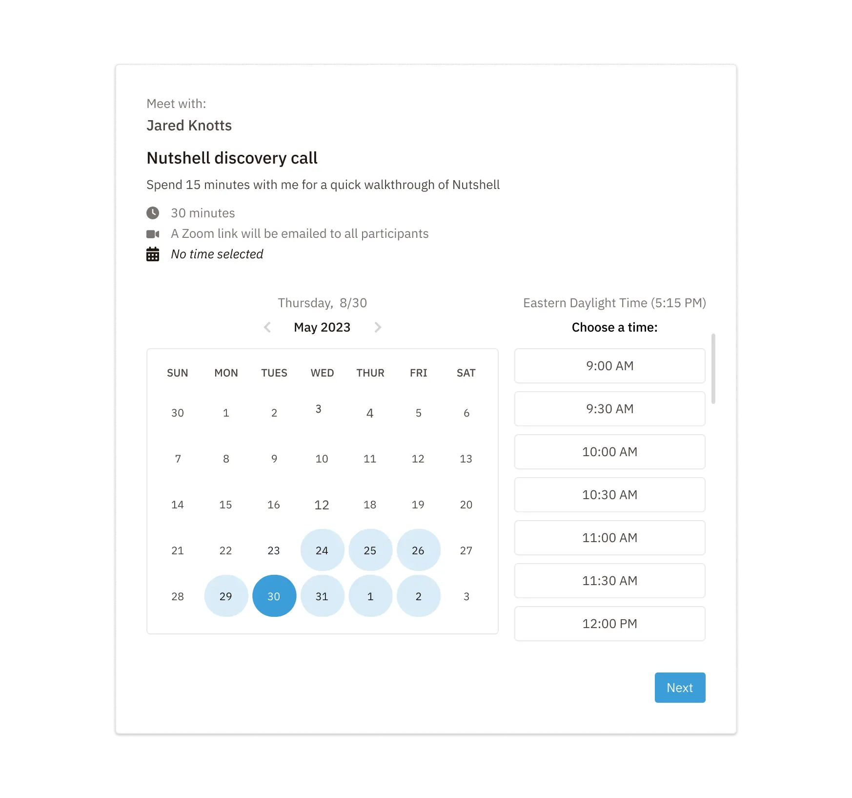 A scheduling interface for a discovery call with, showing a calendar to select a date and a list of available times on the right. The interface indicates the call duration (30 minutes), includes a Zoom link, and displays the current time zone detected (Eastern Daylight Time).