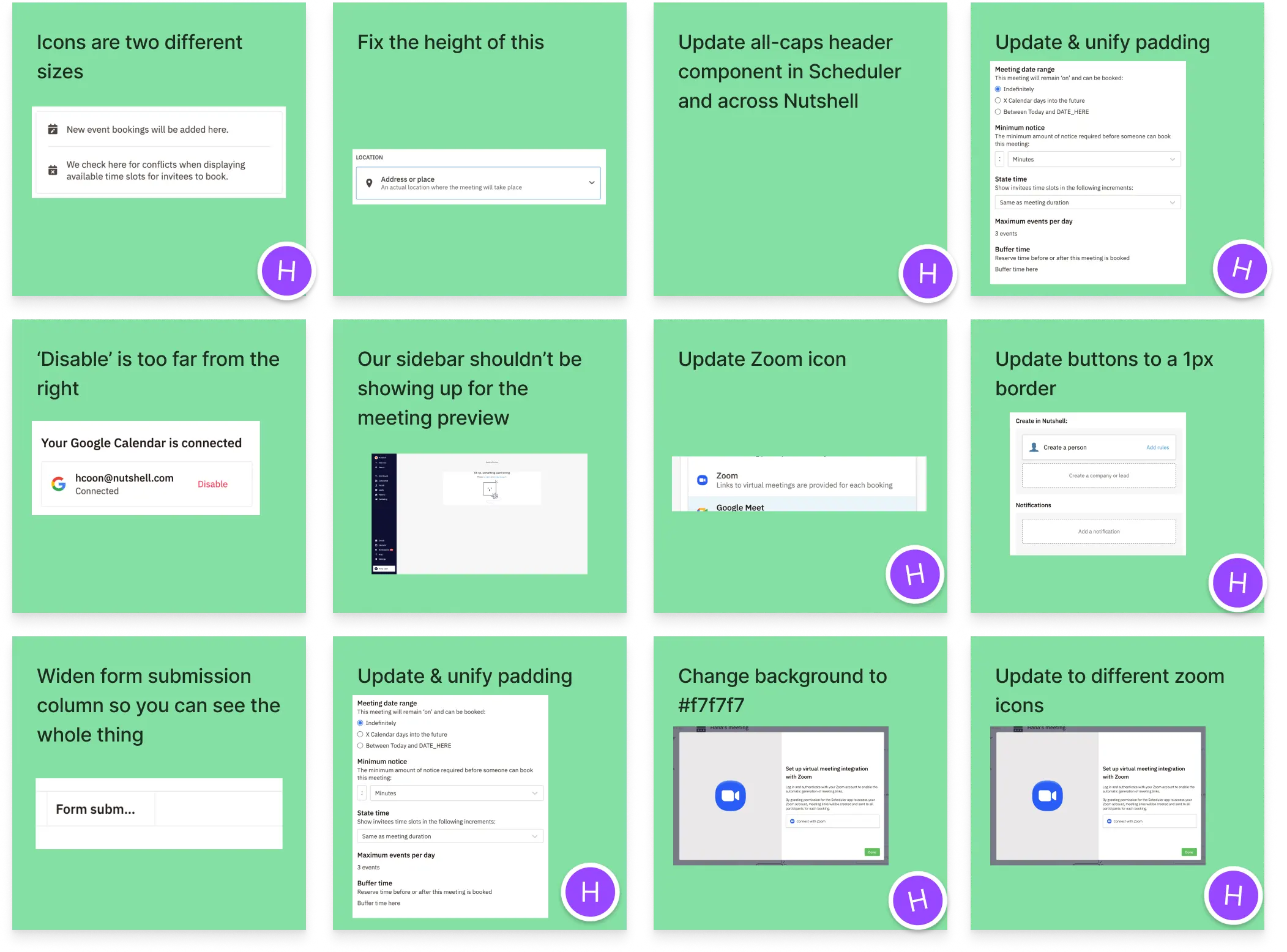 A FigJam board displays sticky notes outlining various visual design fixes for the Nutshell scheduling tool. Issues include inconsistent icon sizes, incorrect component heights, header updates, padding unification, button borders, sidebar visibility, form column width, and background color changes.