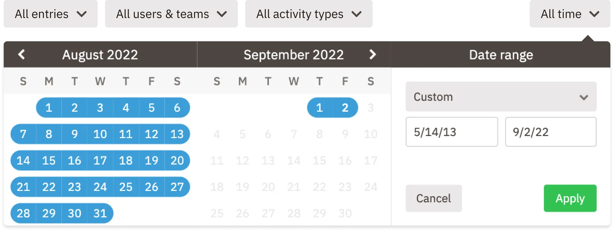 The new timeline filters: entry types, creator, activity types, and date range