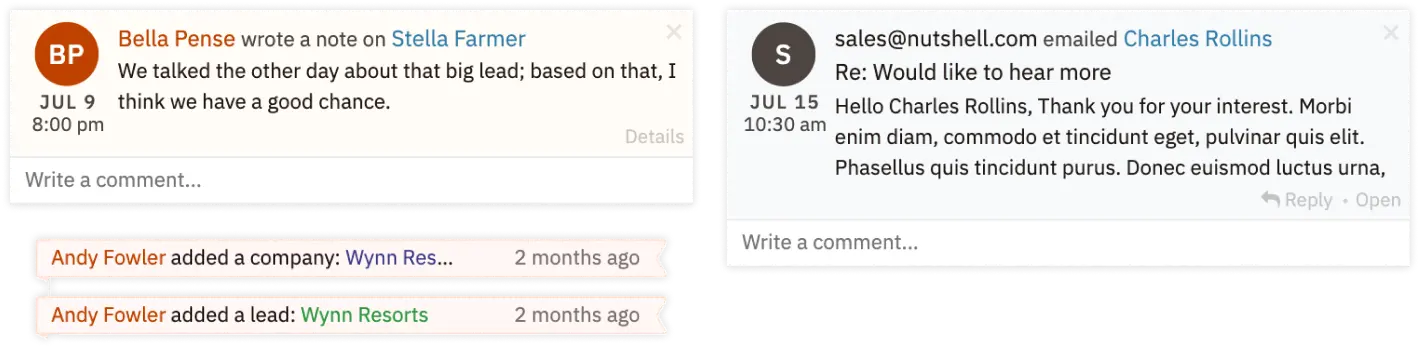 Detailed view of Nutshell's original timeline entries after company rebrand